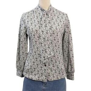 Vintage 70s Glitter Geometric Blouse M Tie Neck Retro Party Shirt Long Sleeve